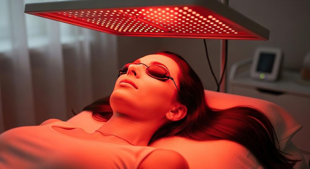 Woman having a red light therapy at home