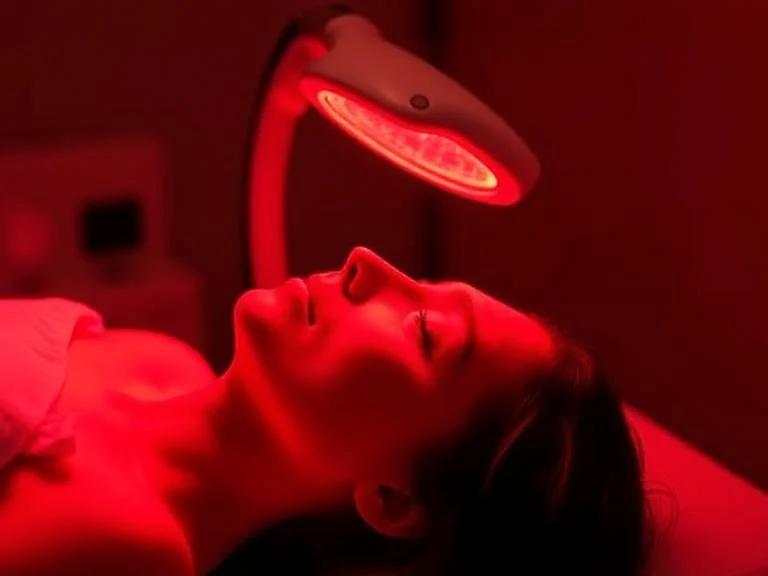 A woman having red light therapy in a clinic