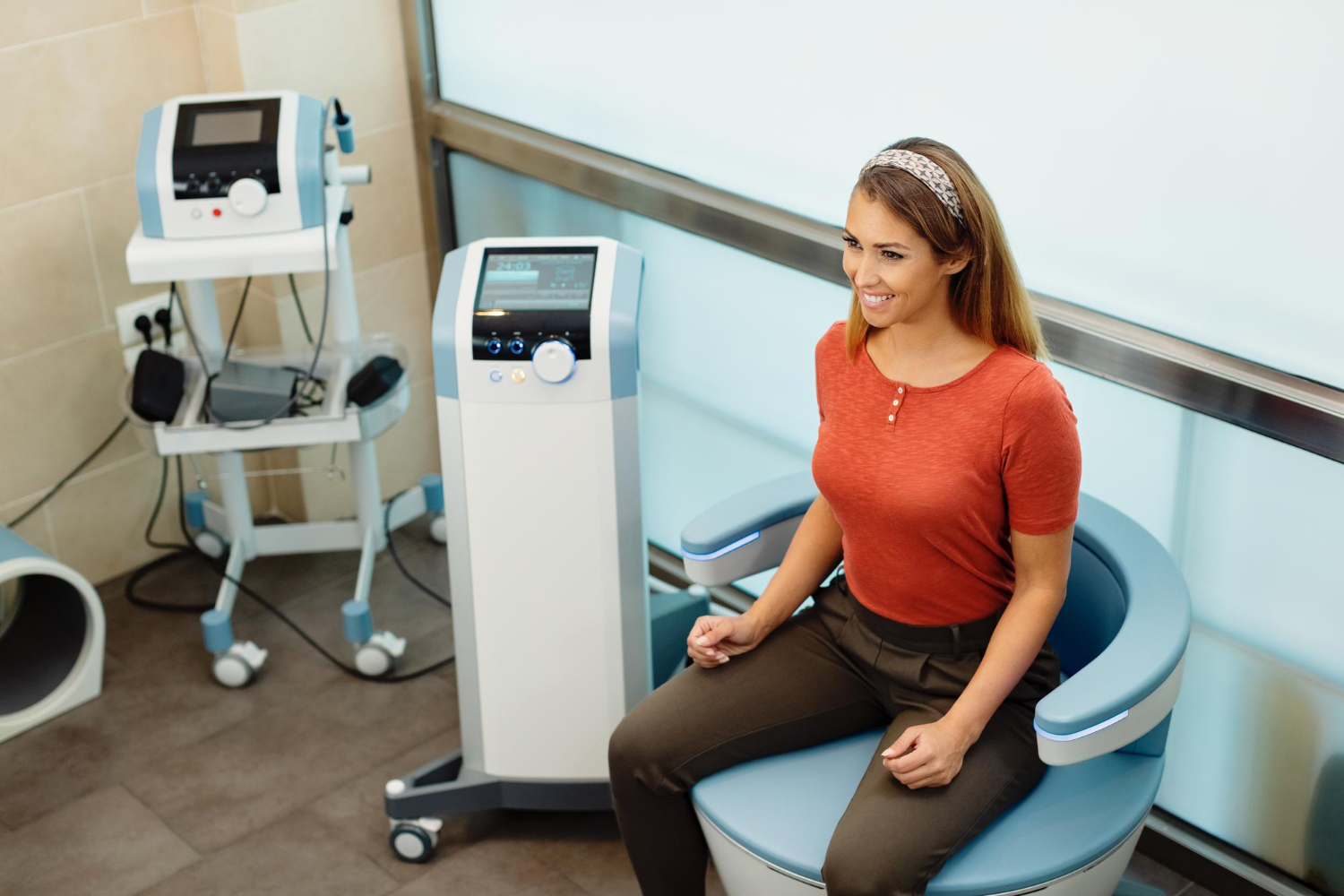 A woman in a clinic for wellness check-up/session